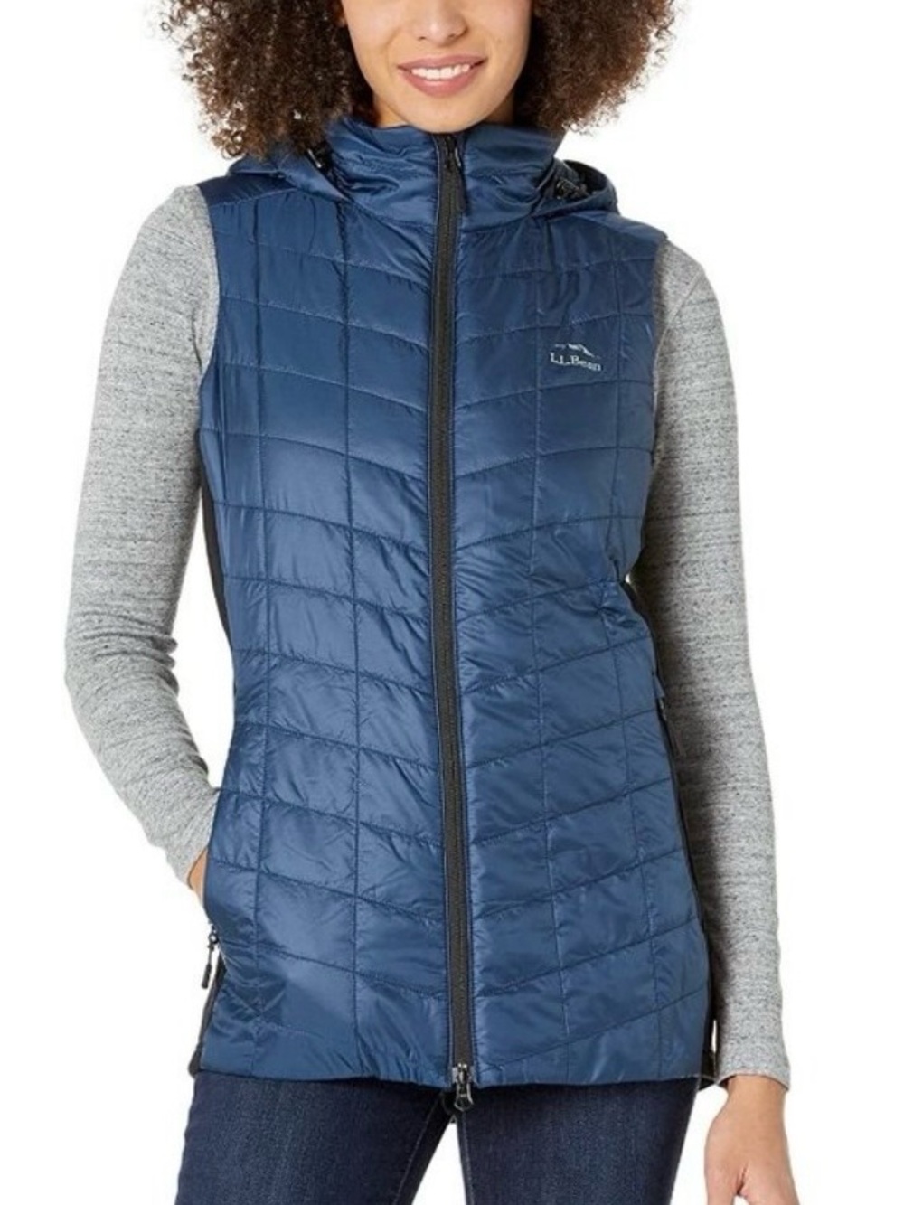 L.L. Bean PrimaLoft Packaway Hooded Long Vest Large Petite Blue